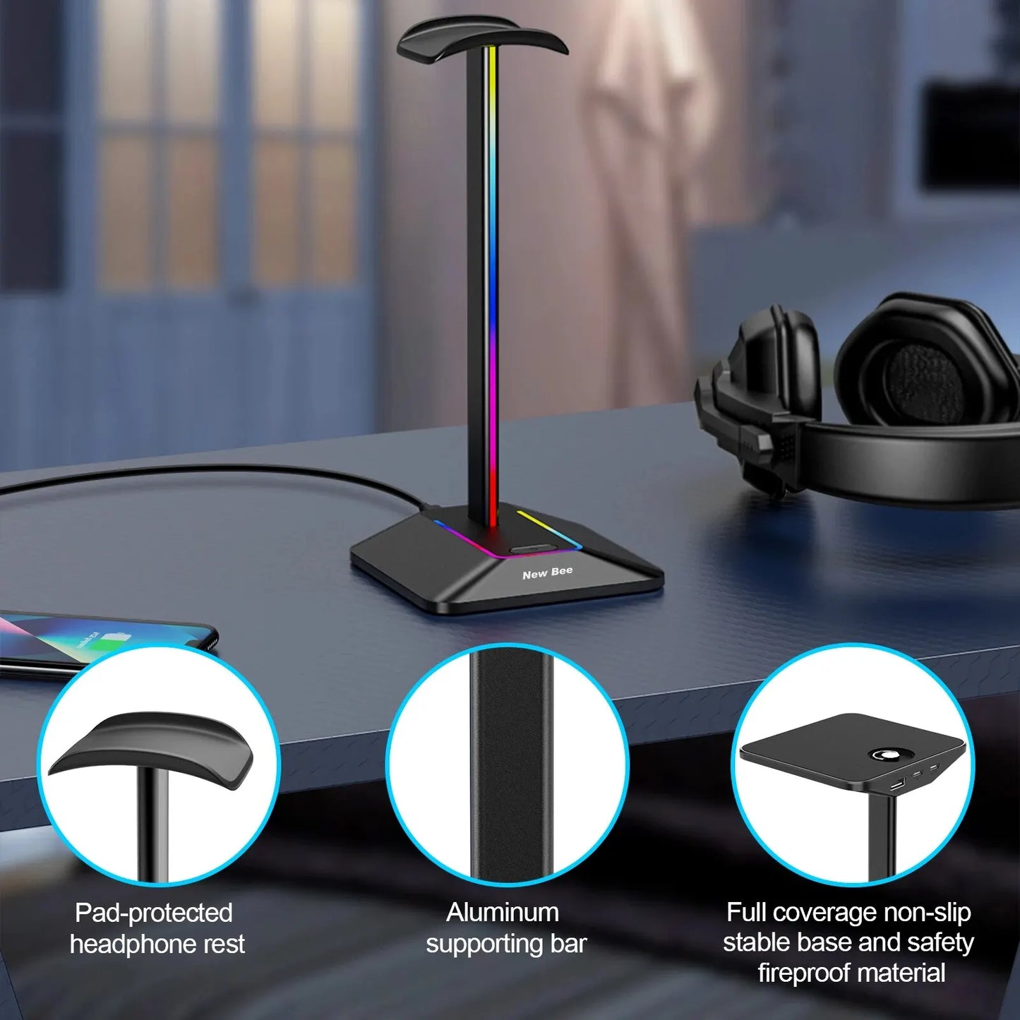 New Bee Z8 RGB Headset Stand – Metal Gaming Headphone Holder with USB Ports