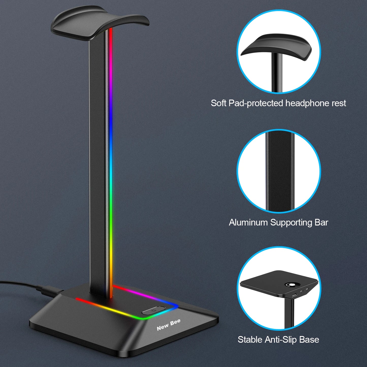 New Bee Z8 RGB Headset Stand – Metal Gaming Headphone Holder with USB Ports