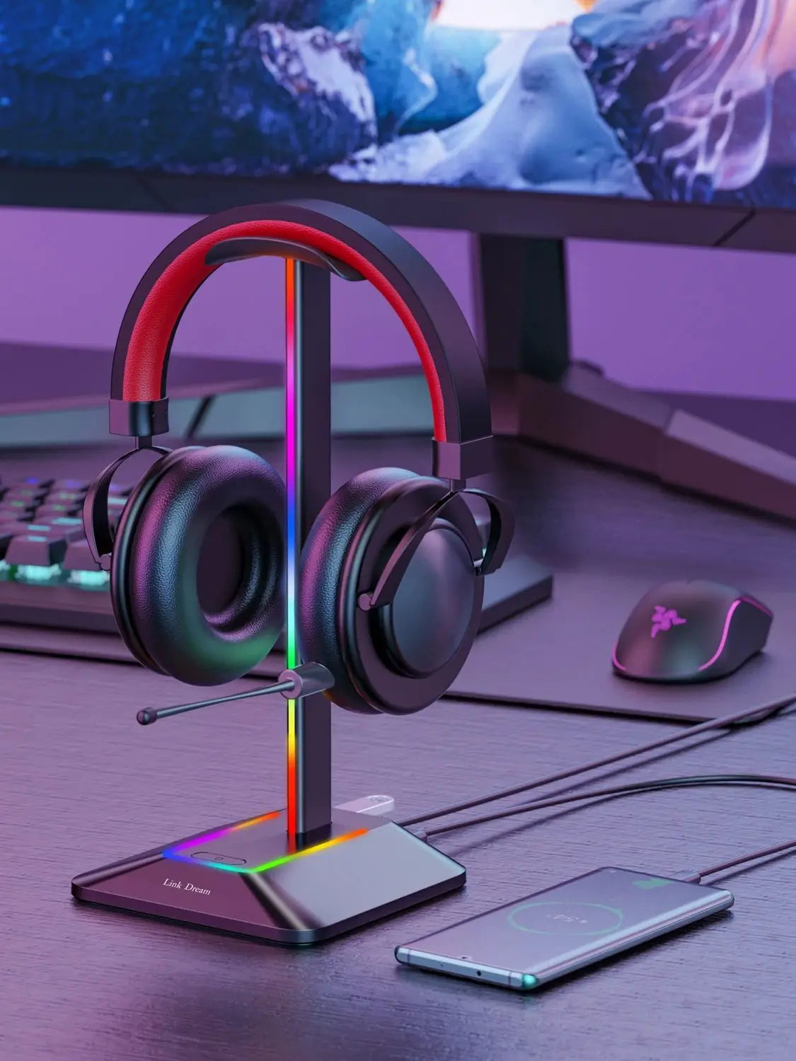 New Bee Z8 RGB Headset Stand – Metal Gaming Headphone Holder with USB Ports